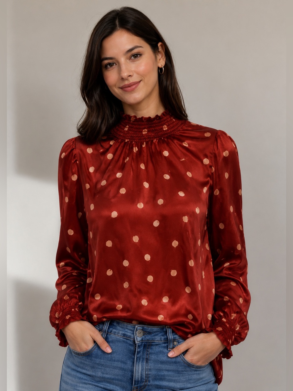 • Tucker • Women’s Printed Long sleeve Blouse
Red XL Silk and Spandex